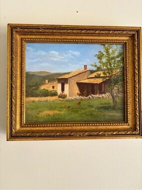 European Countryside Cottage Oil Painting in Gold Frame - Signed EB Mitchell